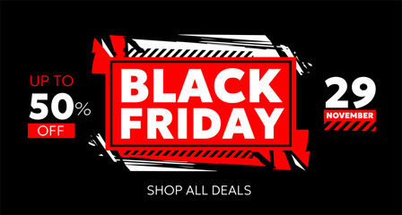 Vector black friday sale illustration with white bold type text on red background. Flat style sale promotion creative design of black friday label with 50% off for discount web site, promo banner