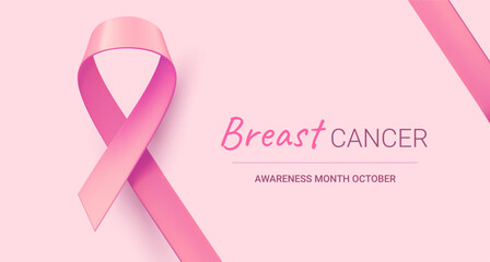 Vector illustration of symbol of breast cancer awareness. Breast cancer pink realistic ribbon with loop and shadow on pink color background. Template design with word for awareness month campaign