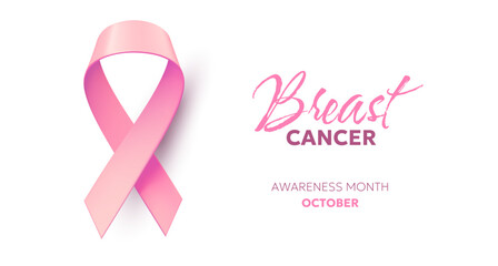 Vector illustration of breast cancer pink realistic ribbon with loop and shadow on white color background. Symbol of breast cancer awareness. Template design with word for awareness month campaign