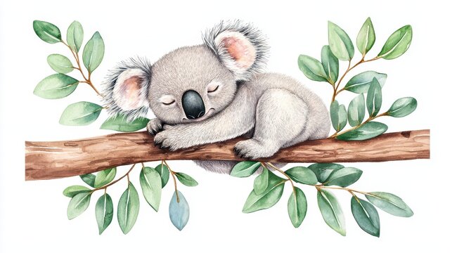 Adorable koala resting on a branch surrounded by leaves, showcasing delightful wildlife and nature illustrations.