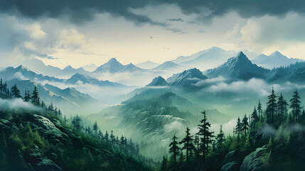 Obraz premium Misty pine forest on the mountain. vintage retro style. Suitable for nature wallpaper. Mountaineering banner