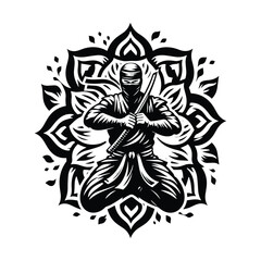 Fototapeta premium ninja male with folk art decoration in black and white illustrations, cutout graphic