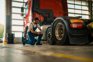 A experienced mechanic in blue overalls kneels beside a large truck, inspecting the tire while holding a tablet.