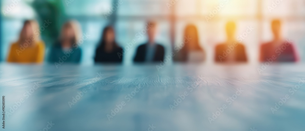 Poster blurred background of a business meeting with diverse professionals sitting around a conference tabl