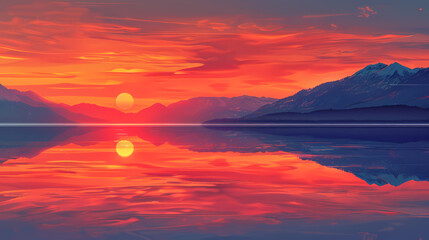 Fototapeta premium Red sky reflection on a calm evening, vector illustration