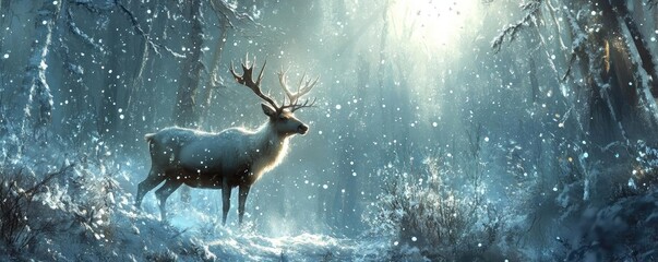 Fototapeta premium A majestic deer stands in a serene, snow-covered forest, illuminated by soft, ethereal light, creating a tranquil winter scene.