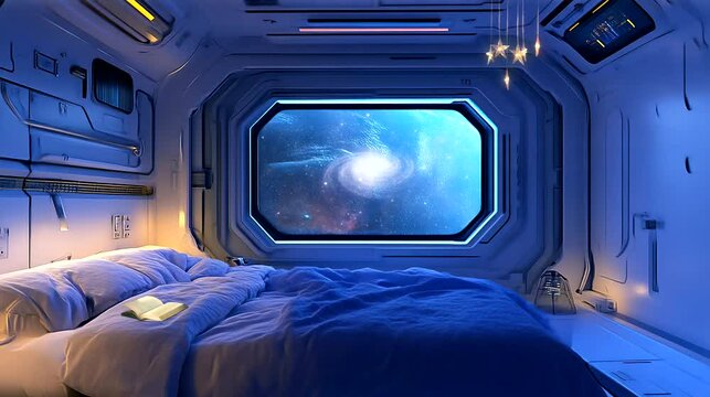 A futuristic bedroom featuring a window view of a distant galaxy, with a cozy bed in a spaceship-like interior. Seamless looping time-lapse video background