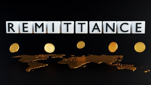 3d rendering of a global remittance concept. The word "REMITTANCE" is displayed with a world map and dollar-sign coins, symbolizing international money transfers.