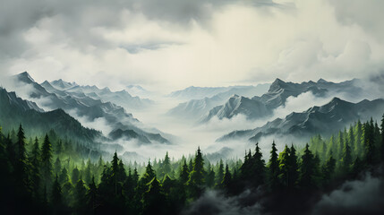 Obraz premium Misty pine forest on the mountain. vintage retro style. Suitable for nature wallpaper. Mountaineering banner