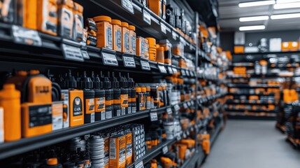 Shelves in a store filled with various automotive care and maintenance products, including oil containers, cleaners, and car accessories, all arranged neatly for sale.