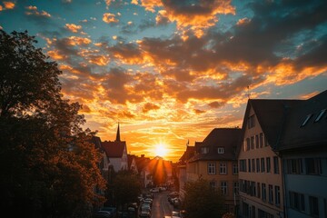Sky at golden hour in a town in Germany , ai