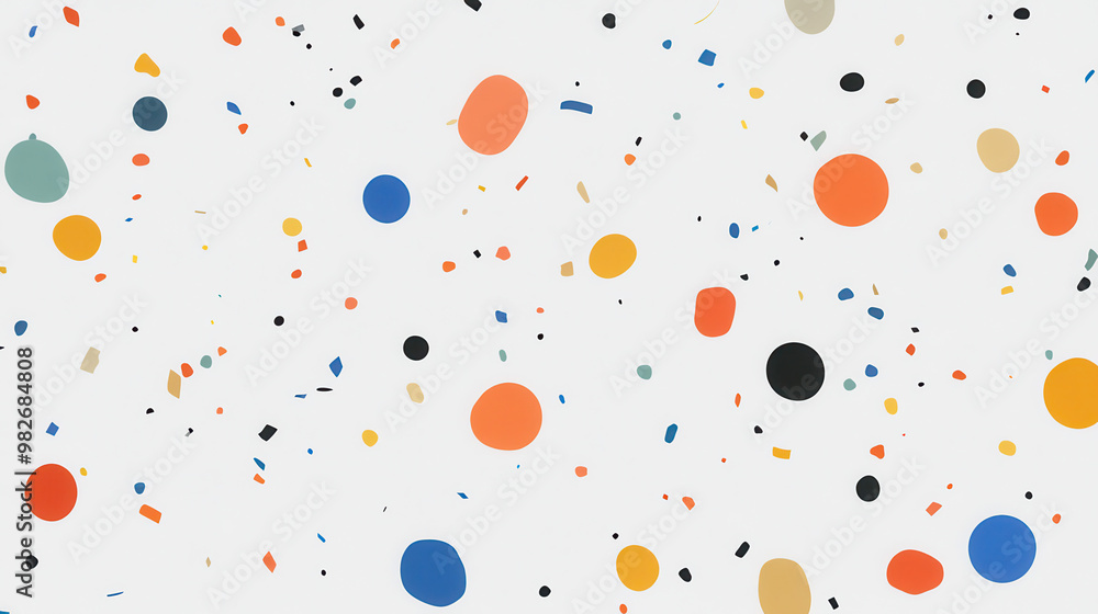 Poster colorful abstract confetti-like pattern with scattered dots and shapes on a white background, perfec