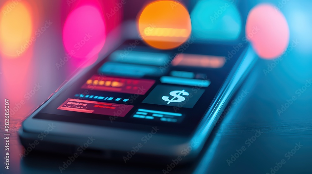 Poster close-up of a smartphone displaying financial app data, illuminated by colorful bokeh lights, symbol