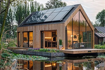 Obraz premium Solar Home. Modern wooden house with solar panels, reflecting in a serene pond.