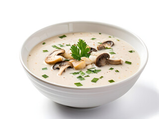 mushroom soup in white bowl isolated white background with clipping path, full hd
