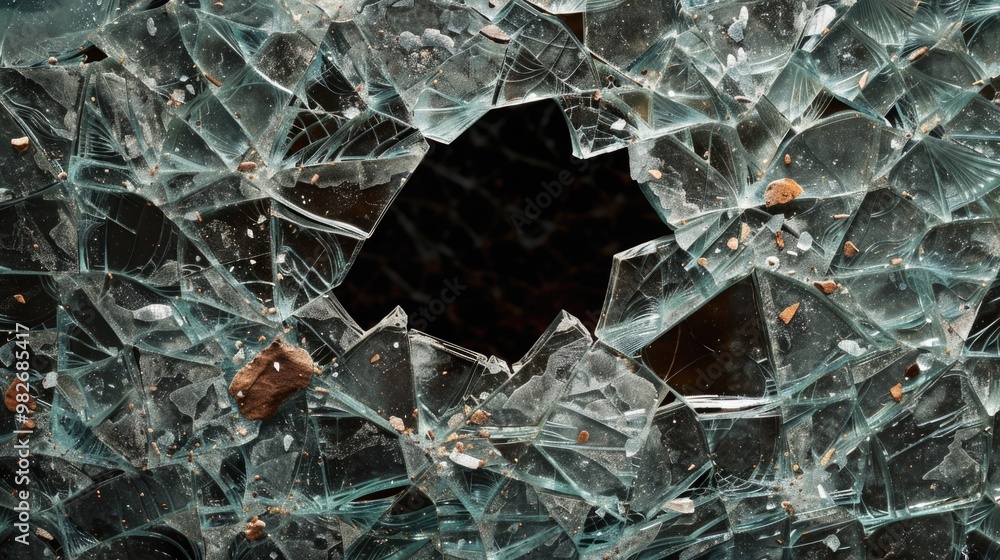 Poster a broken glass window with a hole in it
