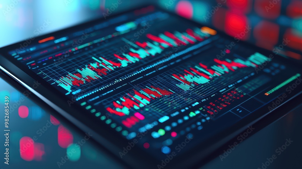 Poster close-up view of a digital tablet displaying colorful data graphs and charts, symbolizing technology