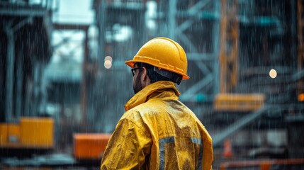 A construction worker in a raincoat working diligently in the rain, highlighting the dedication and resilience required on the job.