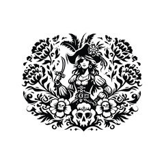 pirate female inside folk art decoration in black and white illustrations, cutout graphic