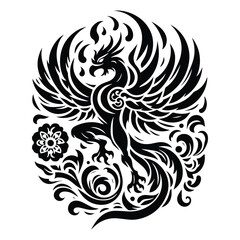 Fototapeta premium Phoenix with folk art decoration in black and white illustrations, cutout graphic