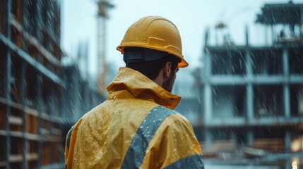 A construction worker in a raincoat working diligently in the rain, highlighting the dedication and resilience required on the job.