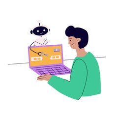 Artificial intelligence concept with people. Flat vector illustration. Person using ai technology for work. Collaboration with ai program. Artificial intelligence tool for video creator, editor