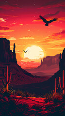 Mexican desert landscape with silhouettes of cactus and eagles at sunset. Vector scenic background with dramatic, vibrant red and orange colors of dusk time. The majestic Arizona Canyon Mountains