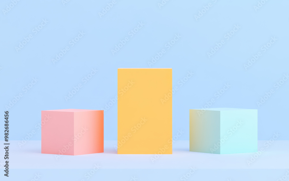 Poster minimalist geometric display with colorful cubes and rectangles on a pastel background, creating a m