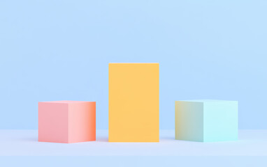 Obraz premium Minimalist geometric display with colorful cubes and rectangles on a pastel background, creating a modern, abstract visual art piece.
