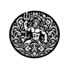 Poseidon greek god with folk art decoration in black and white illustrations, cutout graphic