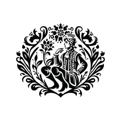 prince with folk art decoration in black and white illustrations, cutout graphic