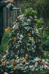 Gardener Watering a Trash Heap Instead of Plants