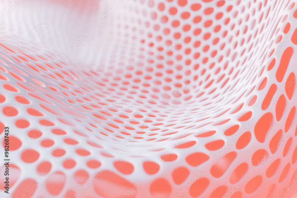 Poster abstract white and coral wavy mesh surface with circular holes, creating a modern, dynamic pattern w