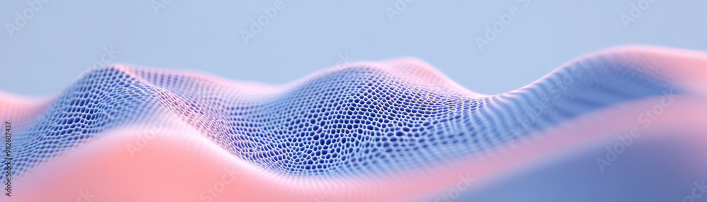 Poster abstract digital mesh in pastel colors creating a dynamic, wavy surface with a futuristic, tech-insp