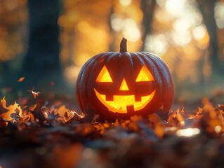 A glowing jack-o'-lantern sits amidst autumn leaves, illuminated by warm light, capturing the essence of Halloween in a vibrant forest setting.