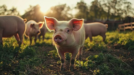 A charming pig stands in a sunny field, surrounded by fellow pigs, showcasing rural life and farm animal beauty.