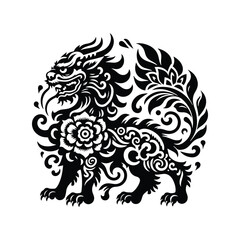 Obraz premium Qilin with folk art decoration in black and white illustrations, cutout graphic