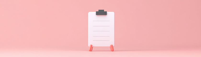 Minimalist clipboard standing on a pink background. Simplistic and modern design representing organization, creativity, and planning.