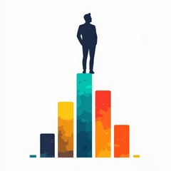 Reaching New Heights: A confident businessman stands atop a vibrant bar graph, symbolizing ambition, achievement, and upward trajectory in the corporate world. 