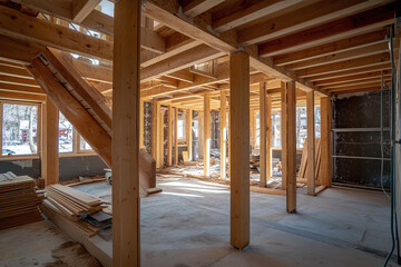 Fototapeta premium Construction of a new house. Construction of a wooden frame house.