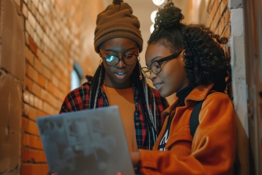 A couple sitting together, gazing at a laptop screen