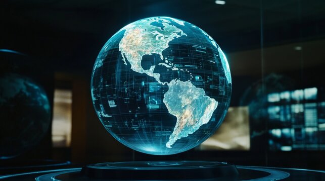 A holographic globe displays a live feed of global events