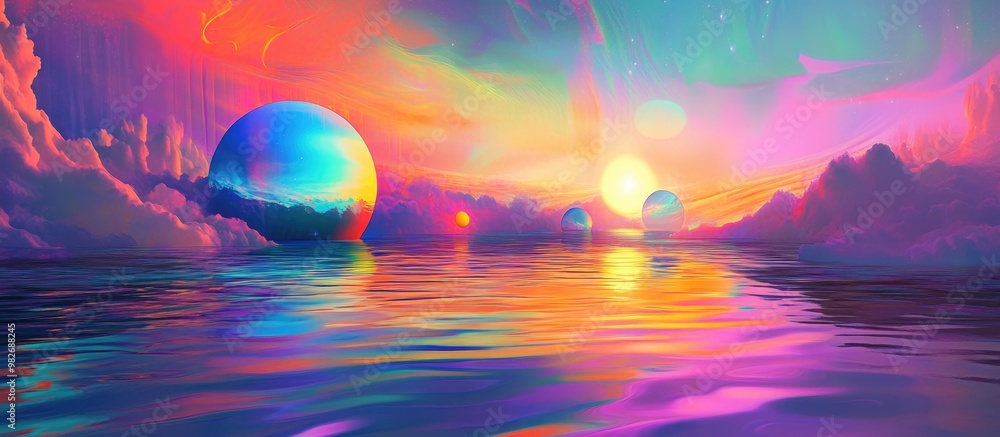Poster surreal abstract landscape featuring water in a vibrant neon palette with circular forms and various