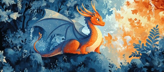 Whimsical dragon mural Contemporary fresco artwork Fantasy creature in surrealist style Stylish backdrop for interiors photo wallpaper cards and posters