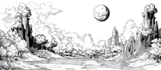 Surreal line art depicting imaginative landscapes and unique visions