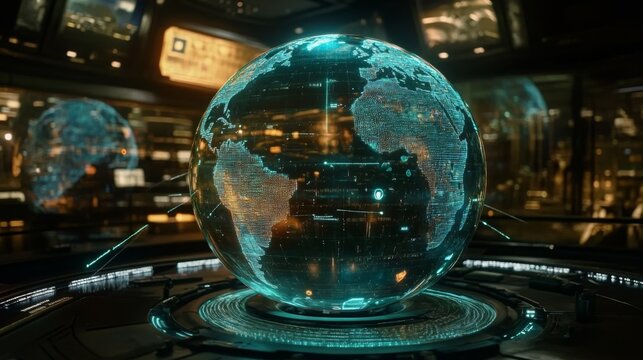 A holographic globe displays a live feed of global events - Powered by Adobe