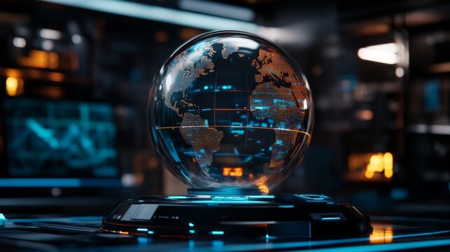 A holographic globe displays a live feed of global events