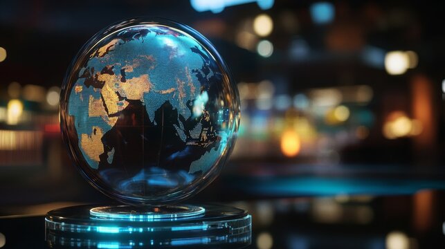 A holographic globe displays a live feed of global events. with copy space