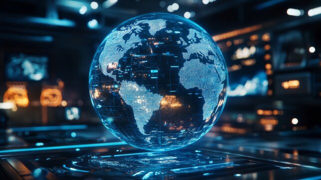 A holographic globe displays a live feed of global events. with copy space