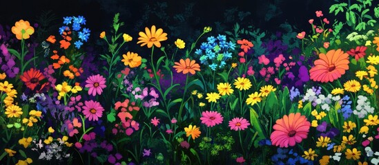 Vibrant and colorful flowers in a garden setting showcasing diverse blooms and lush greenery creating a lively and picturesque natural scene